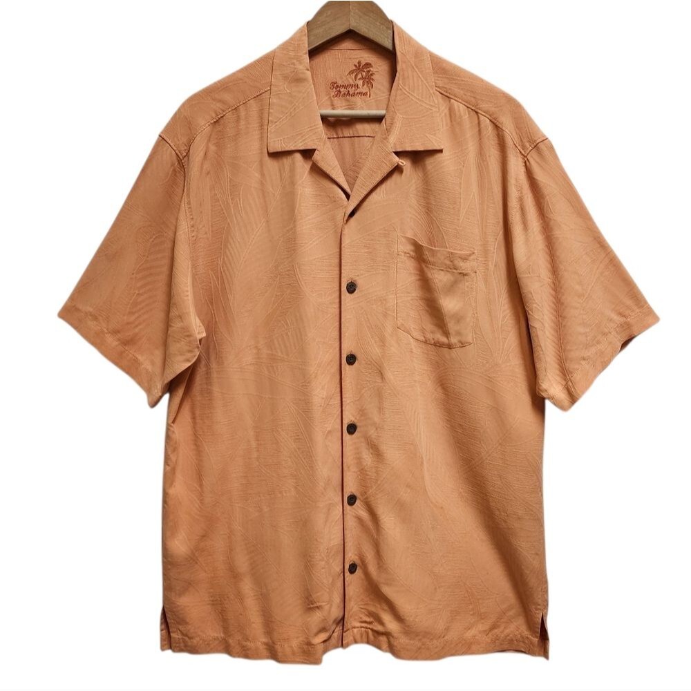 Tommy Bahama Orange 100% Silk Palm Short Slv Button Shirt Mens Sz L Pocket Casua